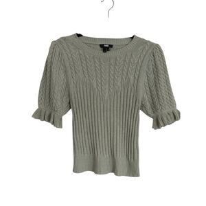 PAIGE Cable Knit Sweater Top Womens M Short Sleeve Puff Sleeve Green - M - EUC